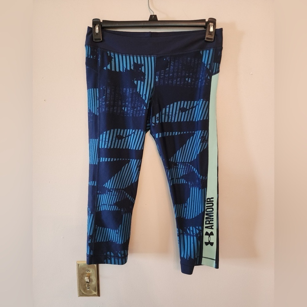 Under Armour Heatgear Women capri Leggings Sports Running blue compression Sz L